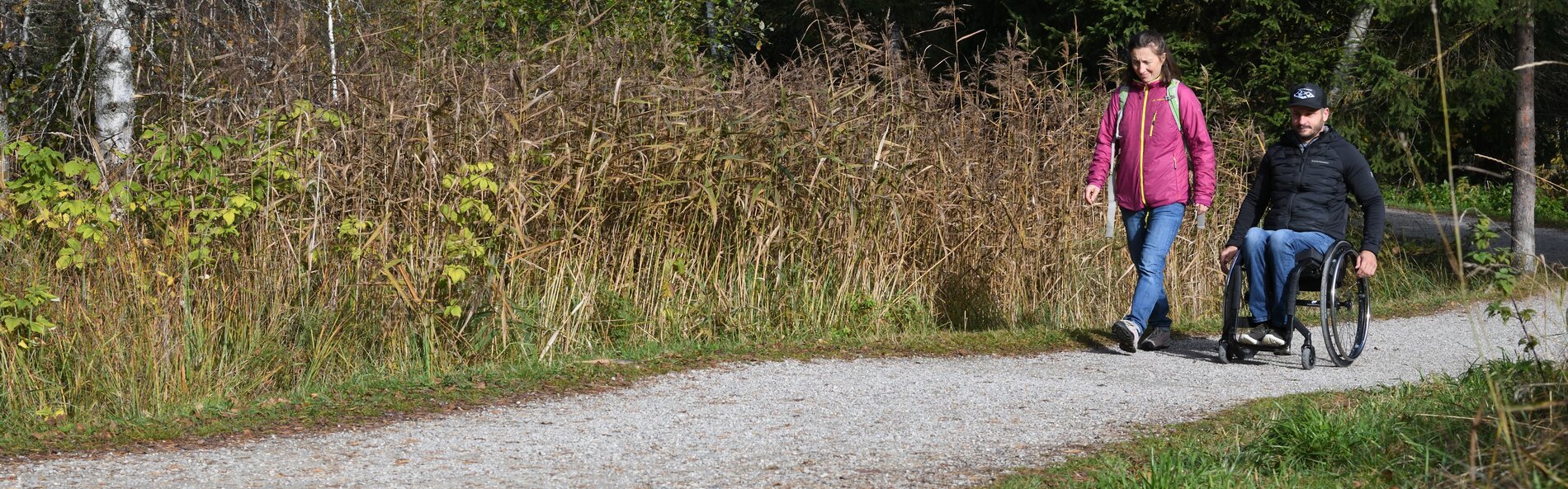 Man sieht einen geschotterten, flachen Spazierweg und eine Dame zu Fuß neben einem Herren im Rollstuhl nebeneinander auf uns zu kommen. Im Hintergrund sieht man Schilf, Birken und Fichten. 